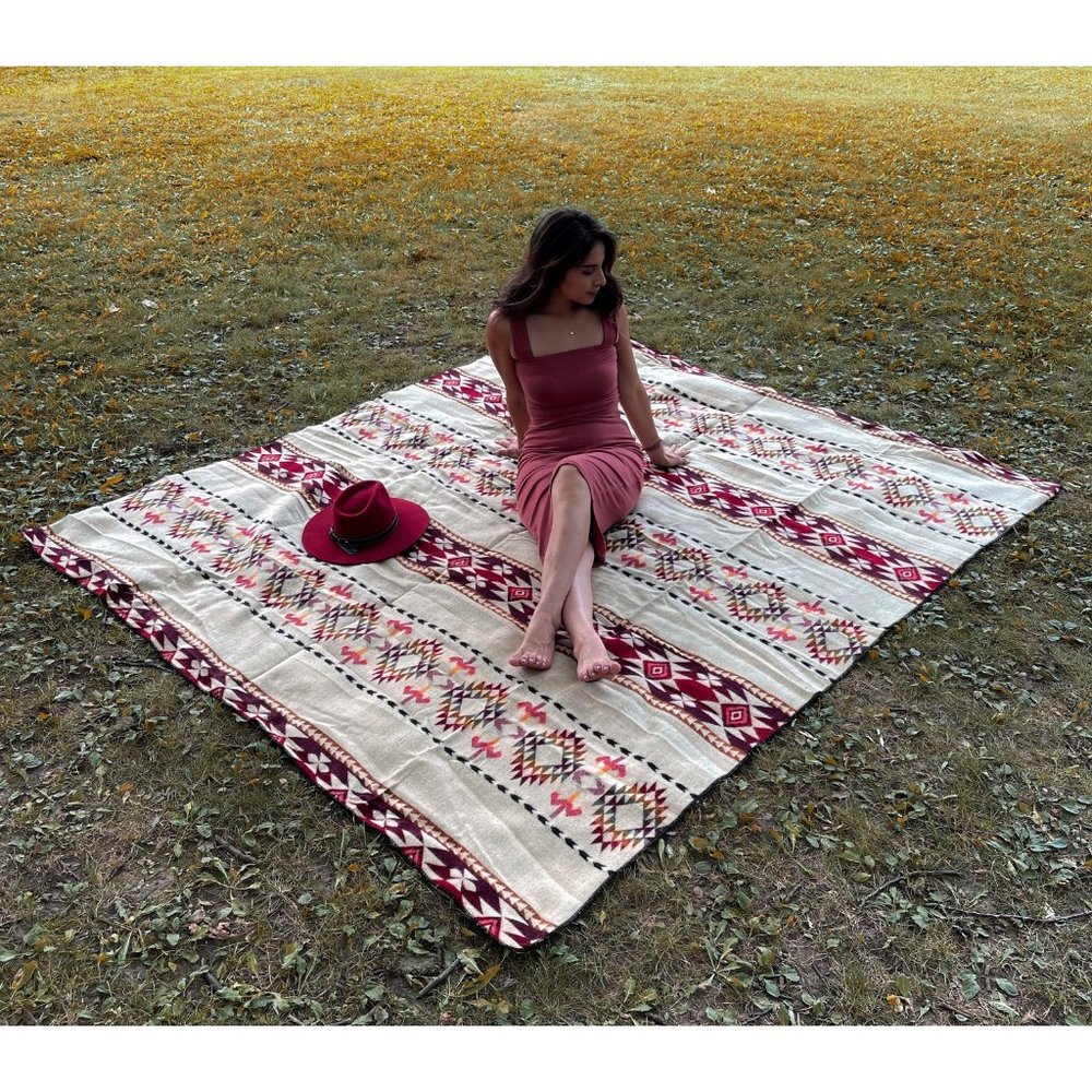 Reversible Alpaca Queen Size Blanket, Red Tribal Geometric Design, Camping Blank